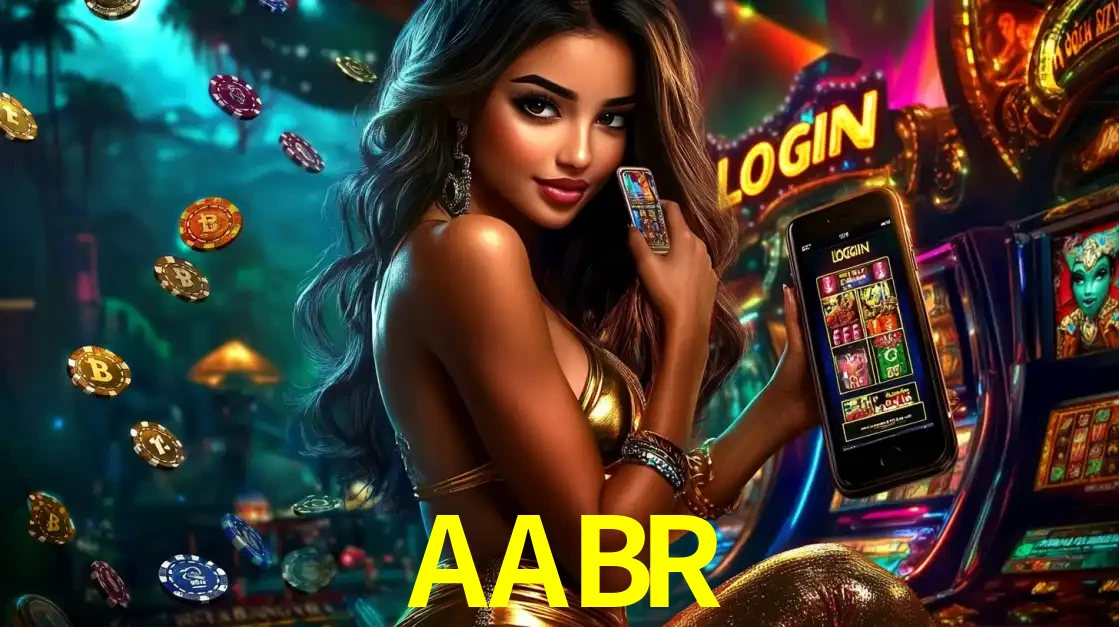 Mulher em um cenário de cassino temático de aventura, mostrando o app de caça-níqueis da AABR no celular. Fichas de apostas flutuam ao redor.