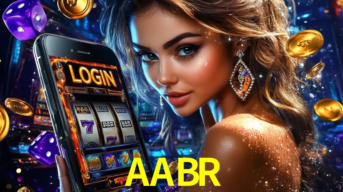 Mulher glamorosa segurando um smartphone com a tela de login para os jogos de caça-níqueis do cassino online AABR, com moedas de ouro e dados ao redor.