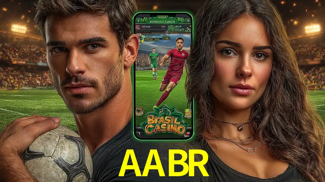 Homem segurando uma bola de futebol e uma mulher ao lado de um smartphone exibindo o jogo de apostas esportivas da AABR. Faça seu palpite no cassino online.